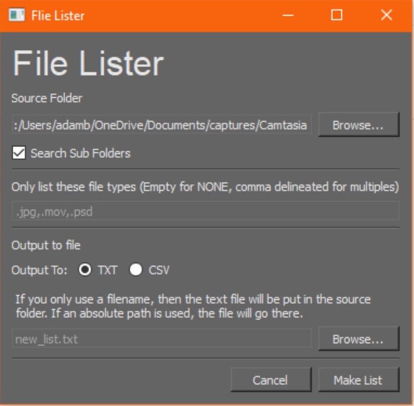 A file listing utility that creates a txt or csv file showing the contents of a folder structure.